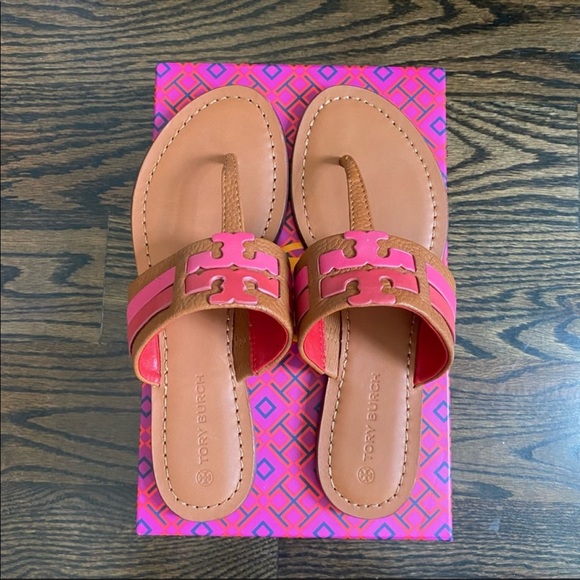 *SOLD* TORY BURCH Leigh Calf Leather Thong Flats Sandals BROWN PINK SIZE 7 NIB - Picture 6 of 7